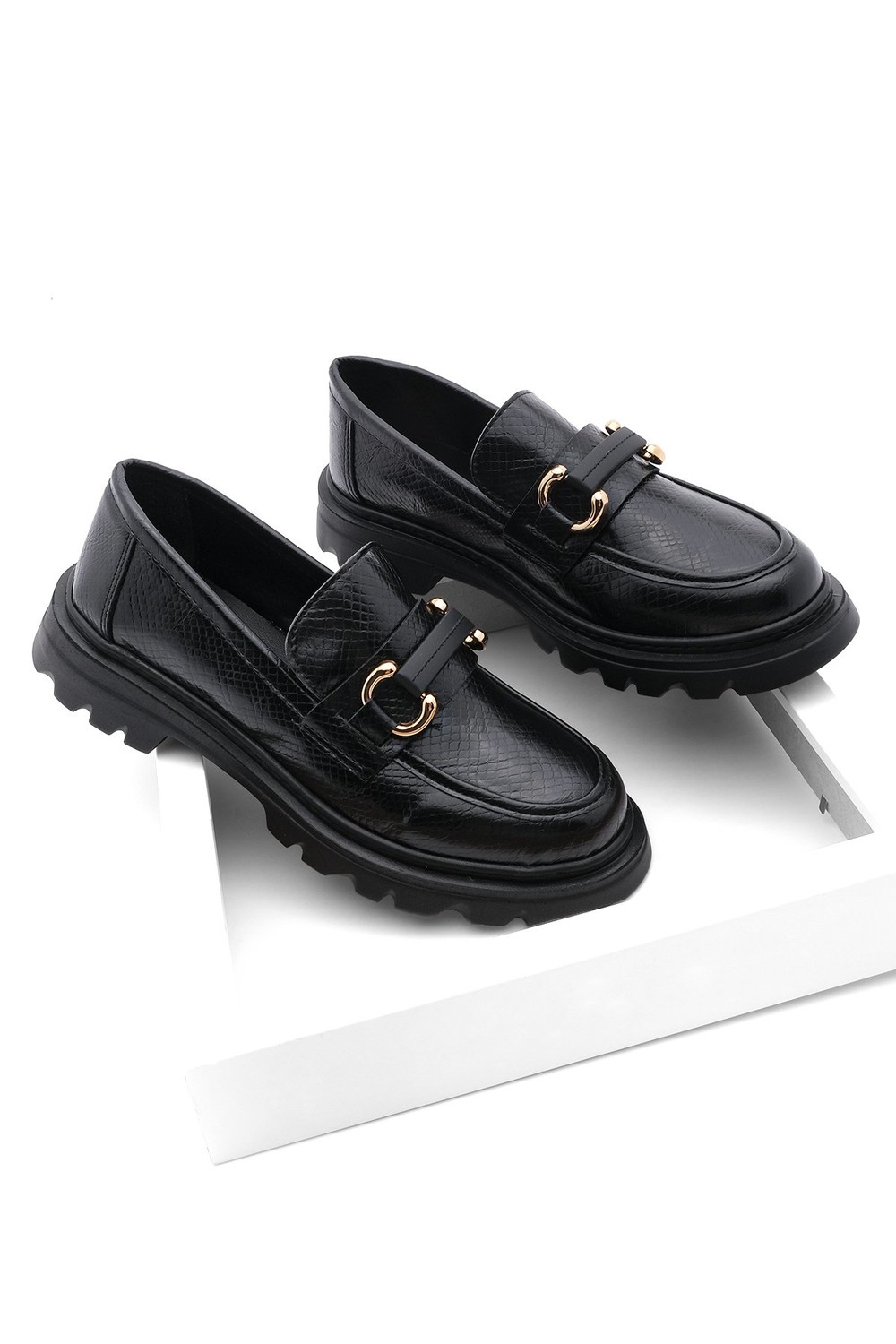 Marjin Women's Loafer High Sole Buckle Casual Shoes Kinles Black Snake