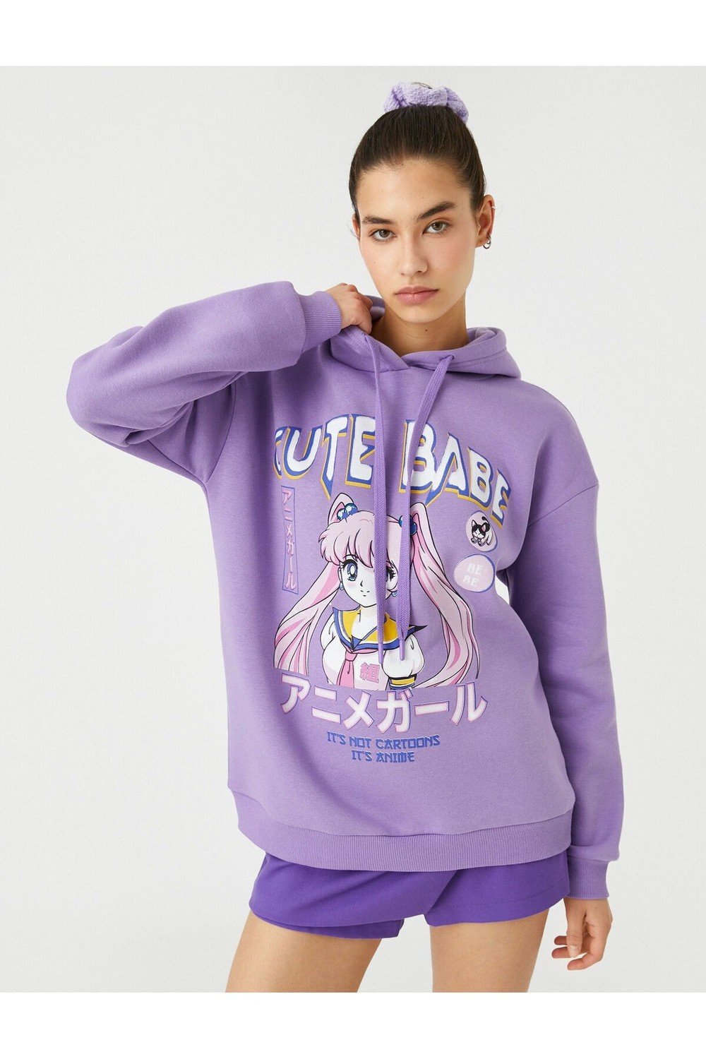 Koton Anime Sweatshirt Oversize Printed Hoodie with Ribbed