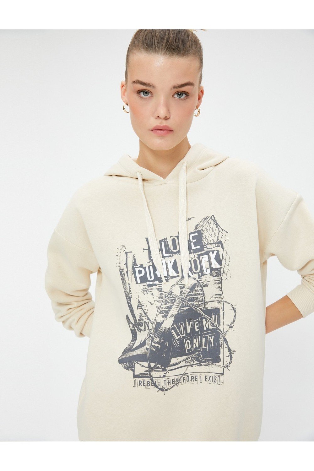 Koton Hooded Sweatshirt with a slogan printed, relaxed fit and long sleeve.