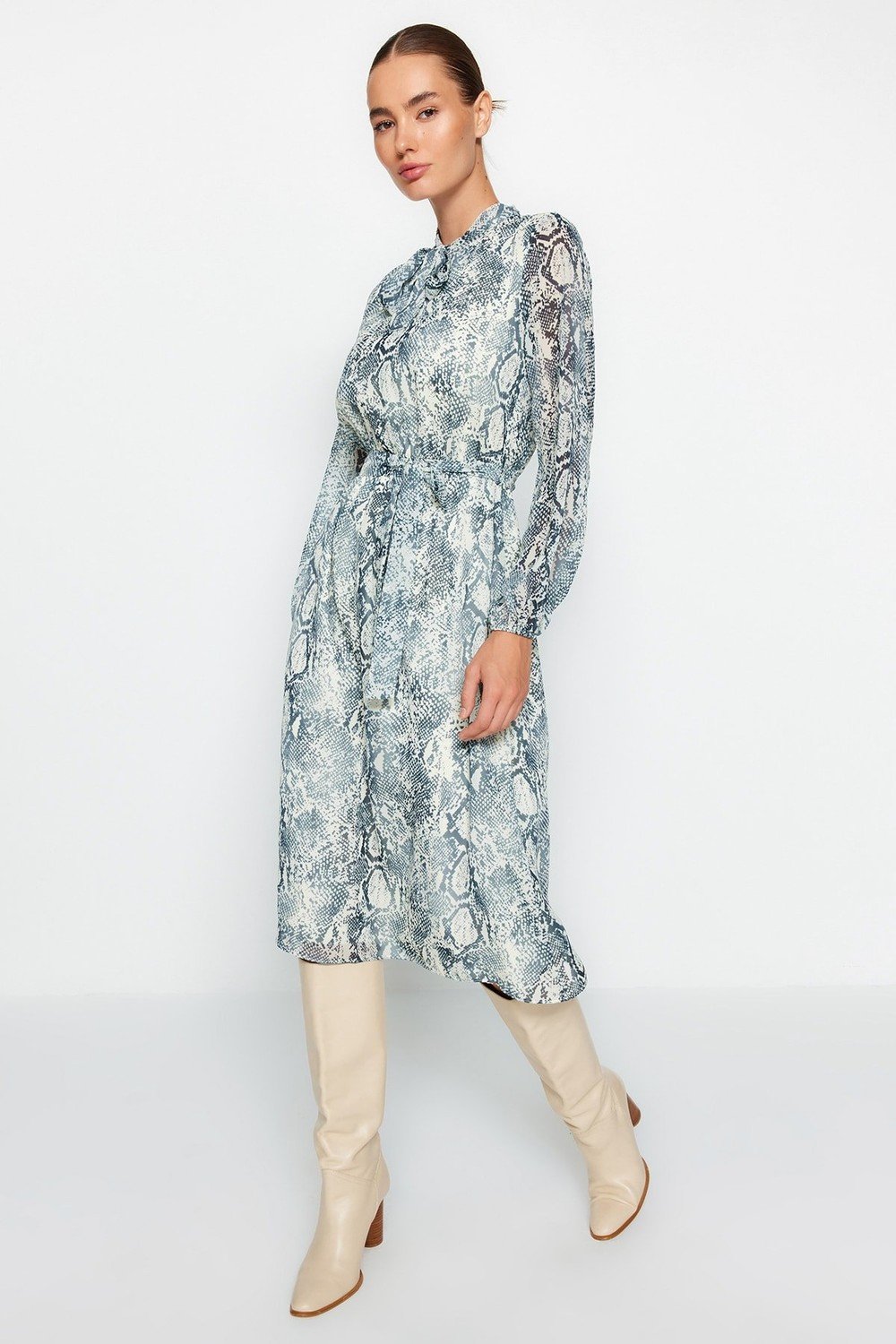 Trendyol Green Belted Woven Animal Pattern Shirt Dress