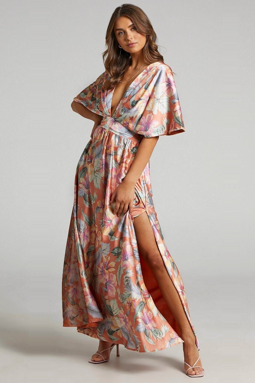 Madmext Orange Patterned Long Dress With Slit Detail