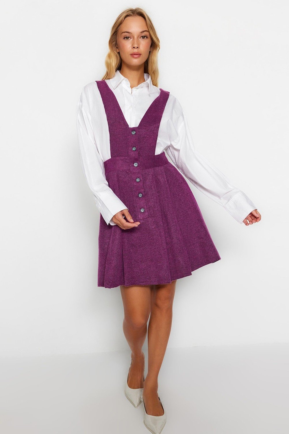 Trendyol Plum Straps and Woven Buttons Gilet Dress