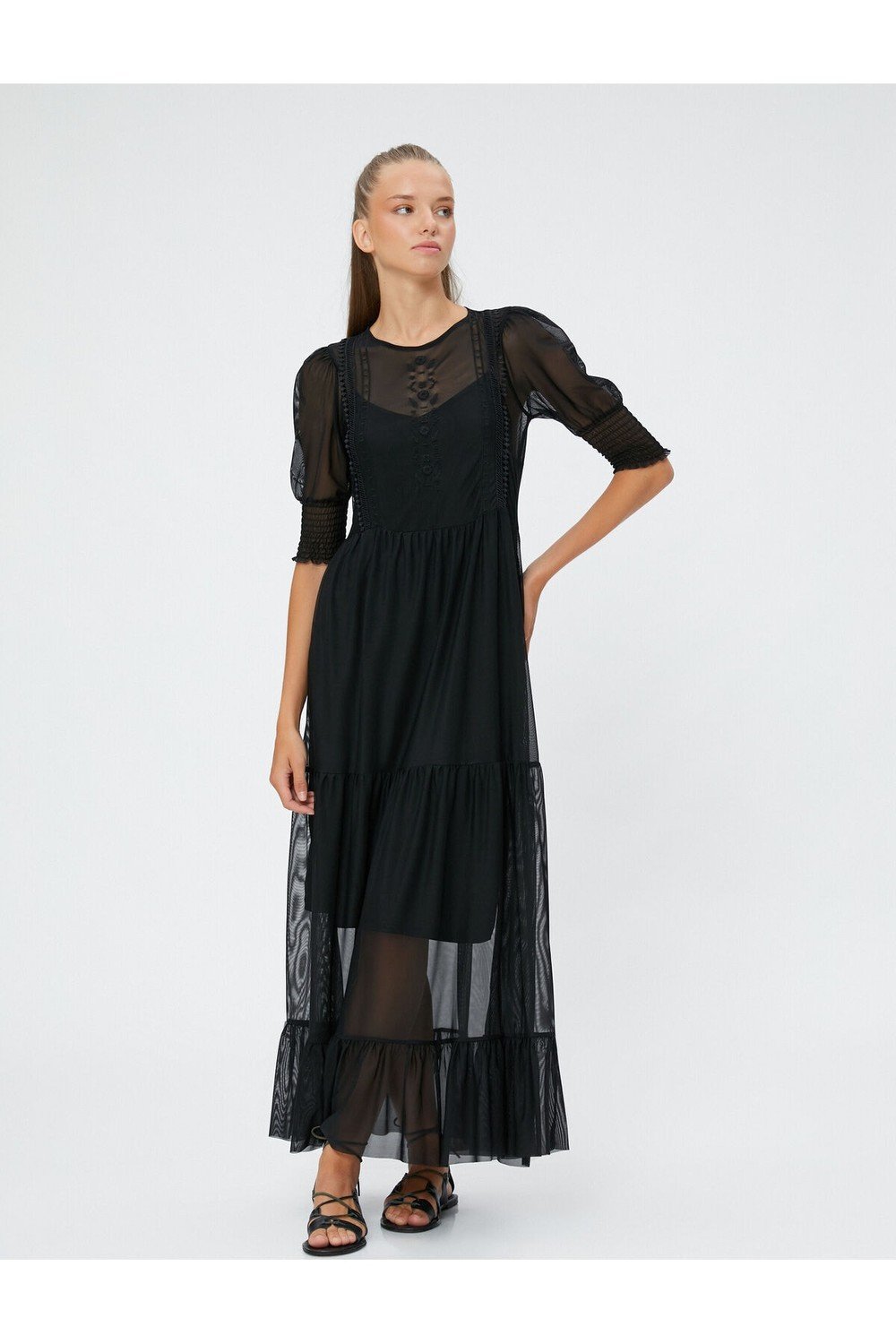 Koton A-Line Dress with Long Transparent Detailed Embroidered Balloon Sleeves.