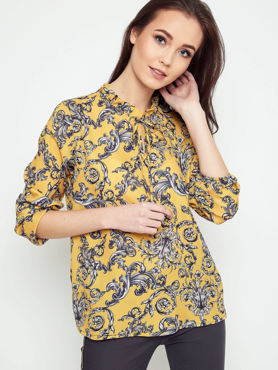 Patterned blouse with stand-up collar yellow