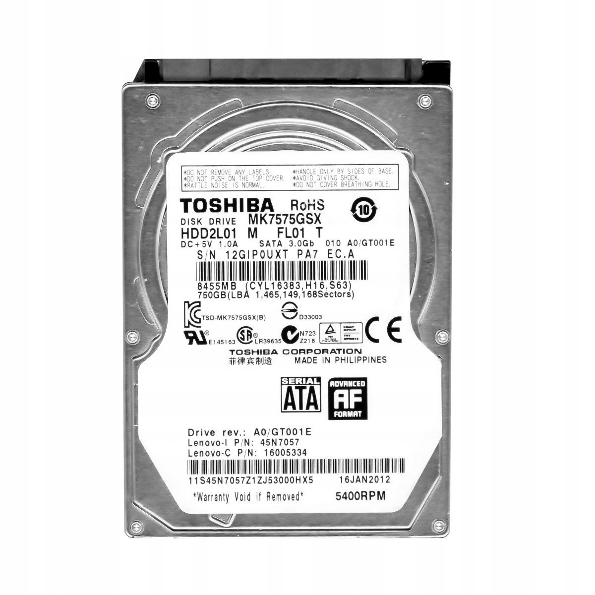 Toshiba 750GB 5,4K 8MB Sata II 2,5'' MK7575GSX