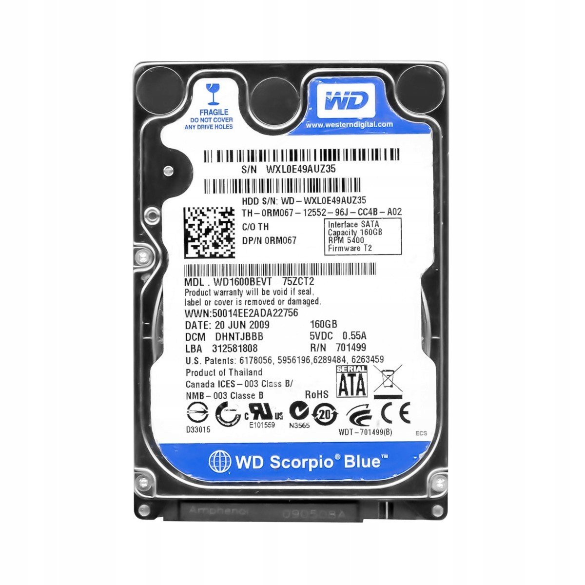 Wd Blue 160GB 5.4k 8MB Sata II 2.5'' WD1600BEVT