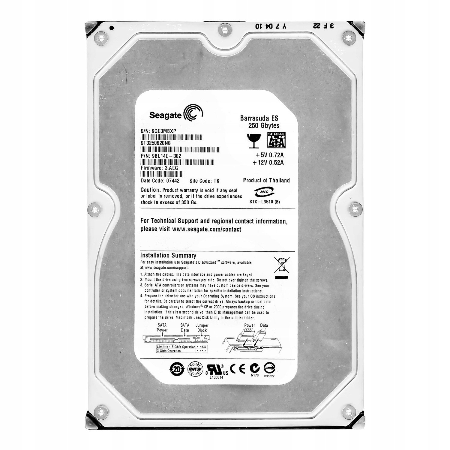Seagate 250GB 7.2k 16MB Sata II 3.5'' ST3250620NS