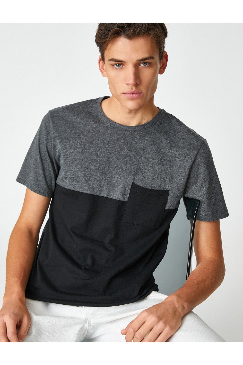 Koton Crew Neck T-shirt with Pocket Detail, Color Block Short Sleeve Cotton.