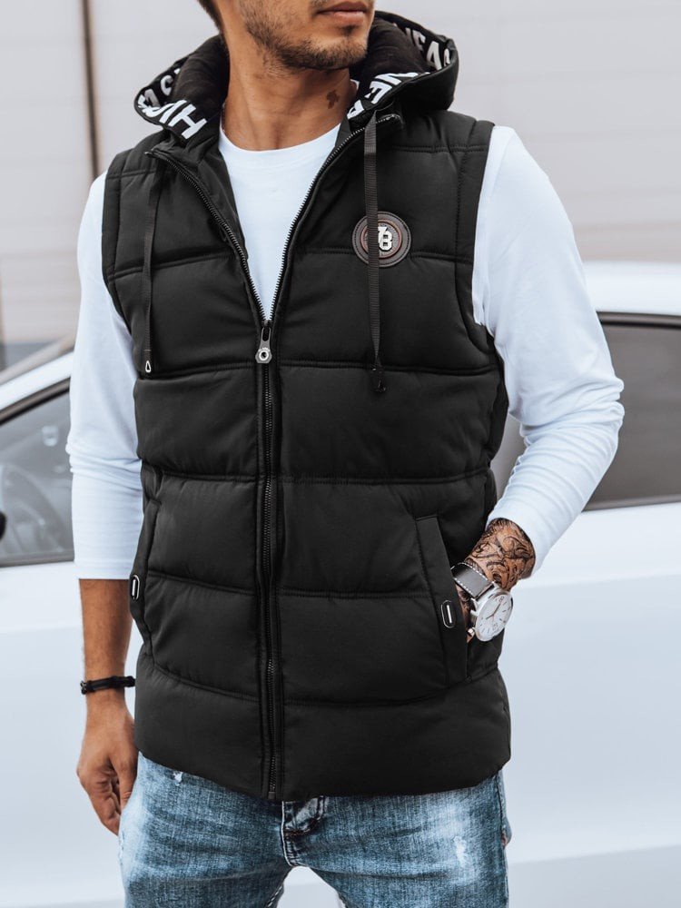 Pánská prošívaná vesta s kapucí černá Dstreet