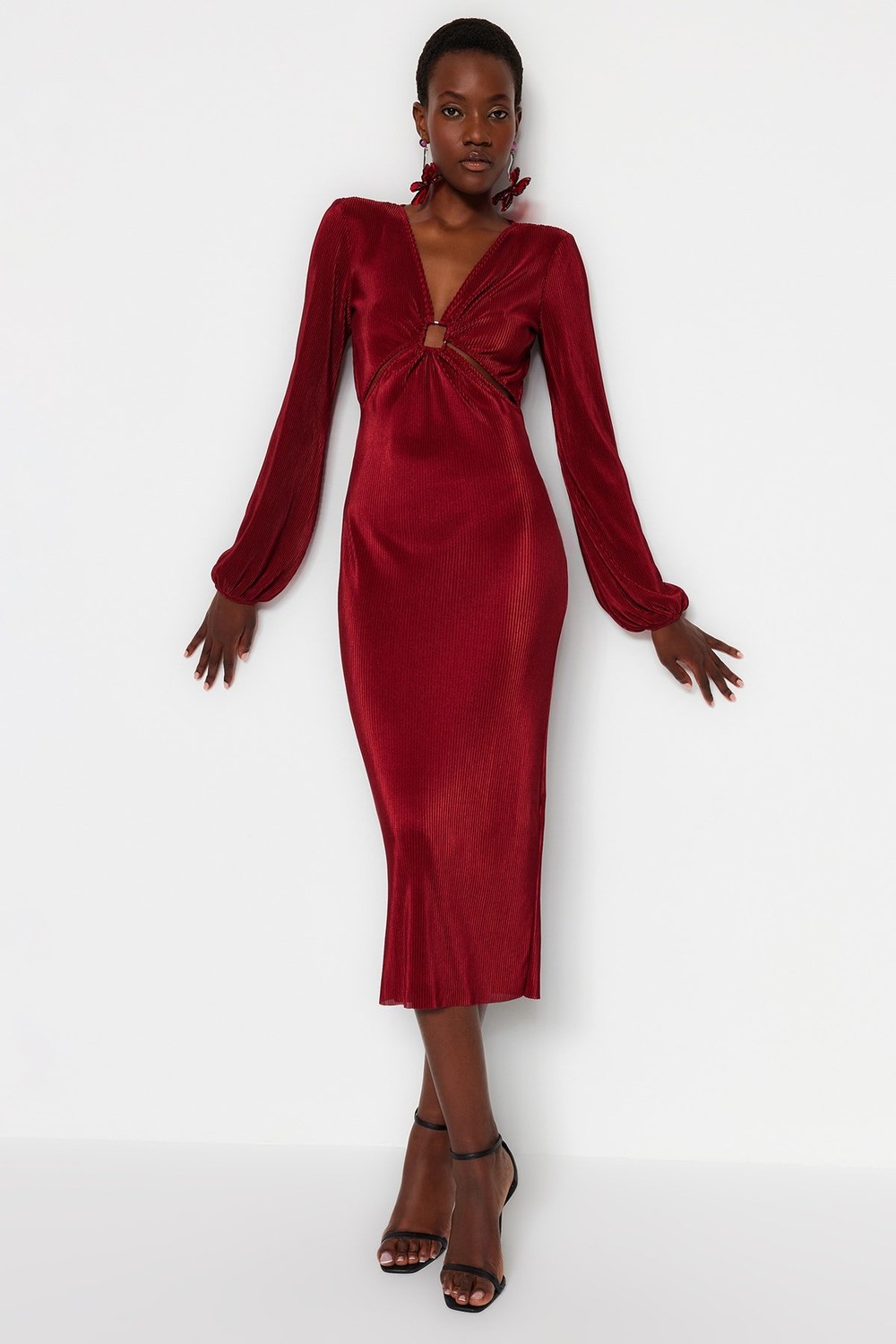 Trendyol Burgundy Fitted Knitted Pleated Dress