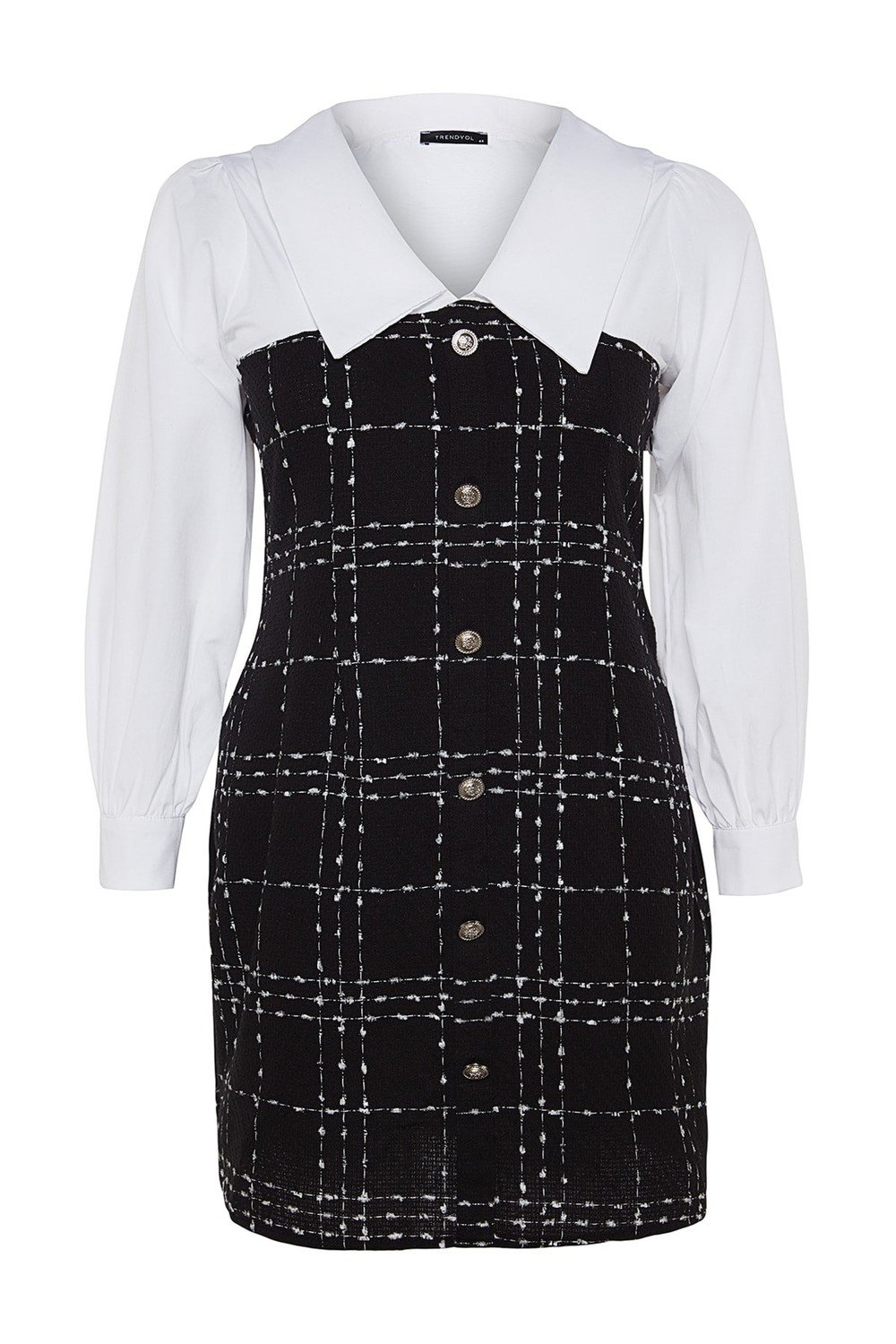 Trendyol Curve Black Plaid-Check Tweed Plus Size Dress
