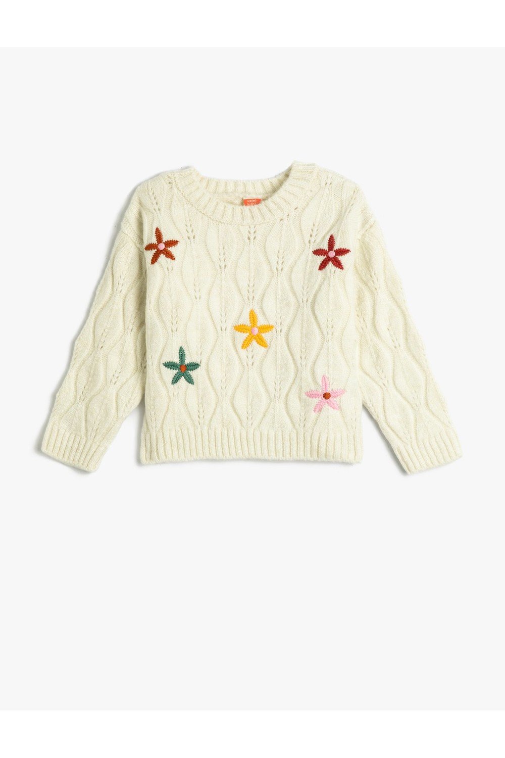 Koton Knitted Sweater with Floral Embroidered Openwork Crew Neck.