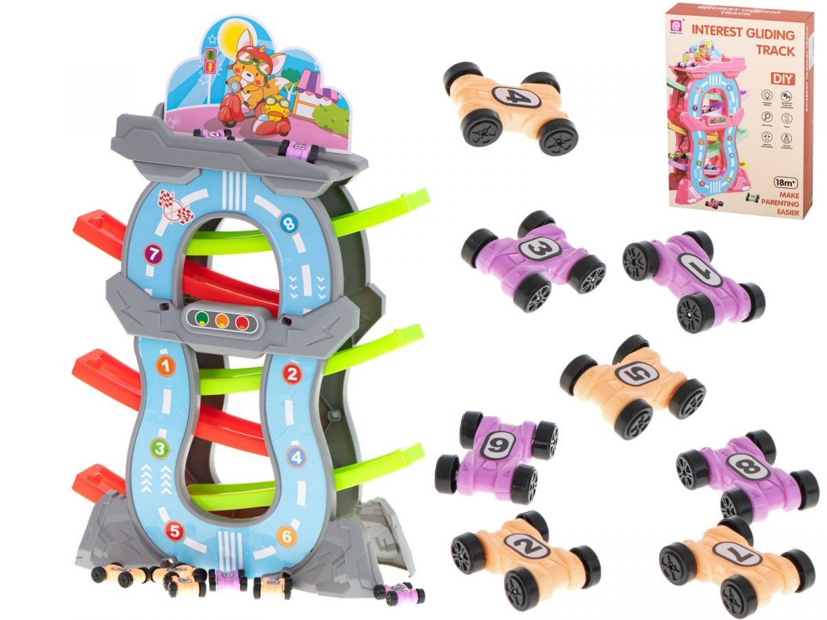 Huabiao Toys Skluzavka autodráhy s parkováním 5 pater + 8 aut