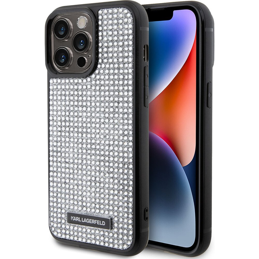 Karl Lagerfeld Rhinestone Plate Metal Logo kryt iPhone 15 Pro Max stříbrný