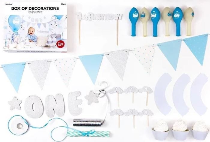 Set dekorace na párty- 1.narozeniny, modré, stříbrné