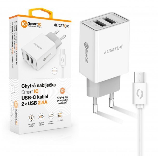 Chytrá síťová nabíječka ALIGATOR 2.4A, 2xUSB, smart IC, bílá, USB-C kabel 2A