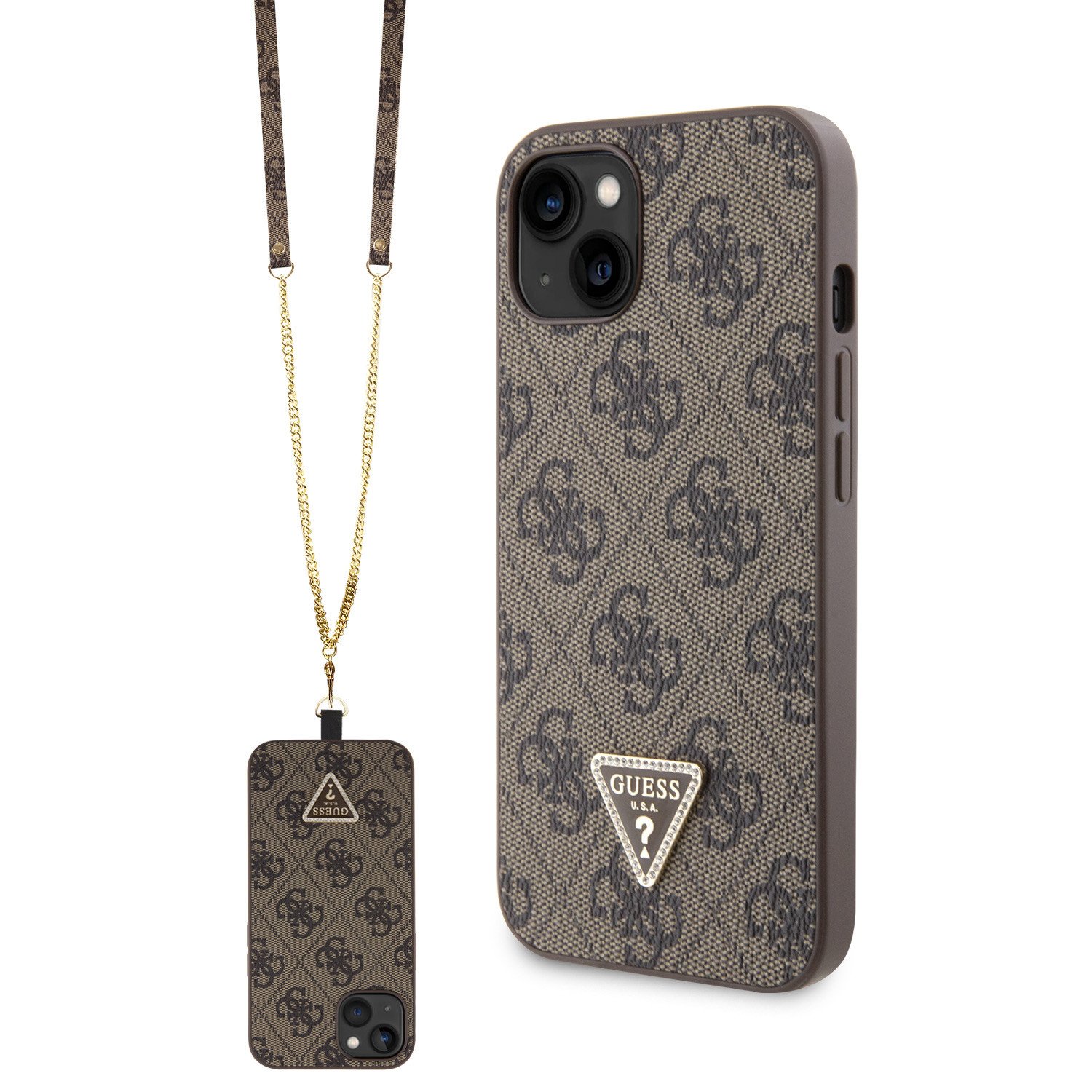 Ochranný kryt s crossbody popruhem pro iPhone 15 - Guess, 4G Strass Triangle Metal Logo Brown GUHCP15SP4TDSCPW