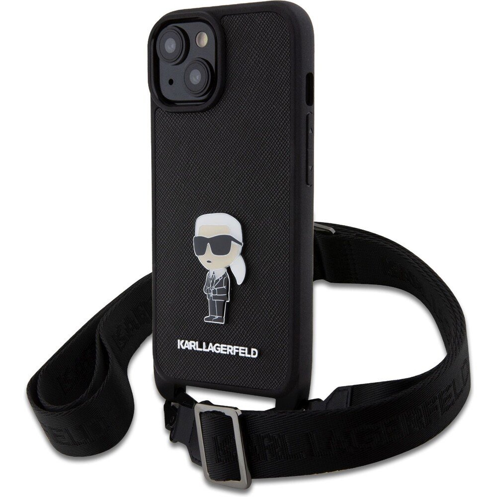 Karl Lagerfeld Saffiano Crossbody Metal Ikonik kryt iPhone 15 Plus černý