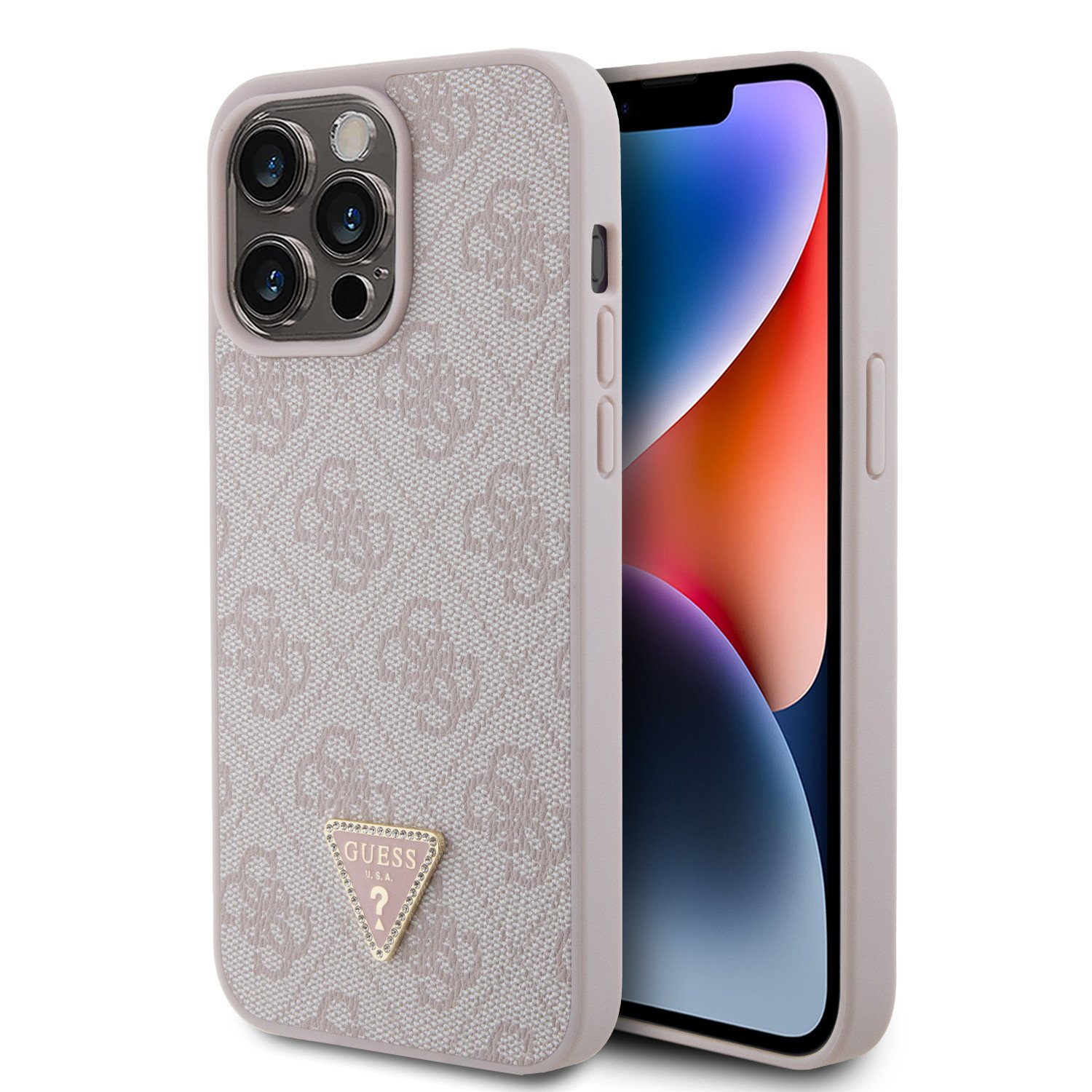 Ochranný kryt na iPhone 15 Pro MAX - Guess, 4G Strass Triangle Metal Logo Pink GUHCP15XP4TDPP