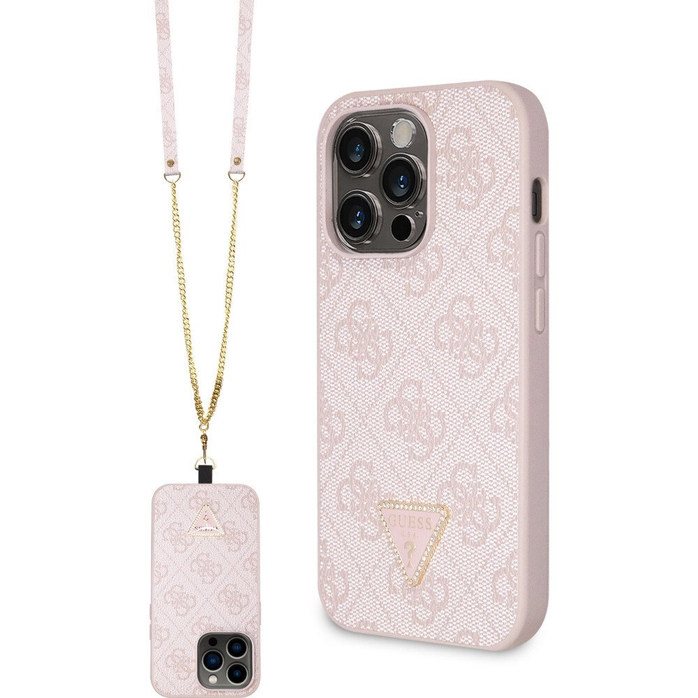 Guess PU 4G Strass Triangle Metal Logo Kryt + Crossbody Popruh iPhone 15 Pro růžový