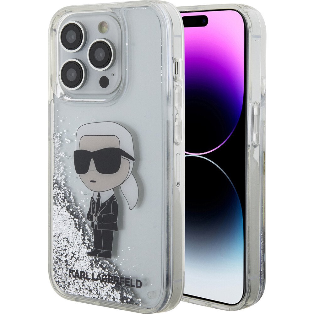 Karl Lagerfeld Liquid Glitter Karl Head kryt iPhone 15 Pro stříbrný