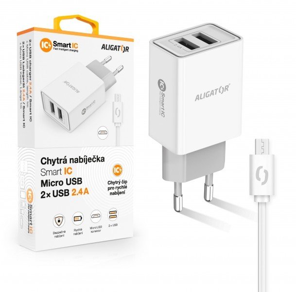 Chytrá síťová nabíječka ALIGATOR 2.4A, 2xUSB, smart IC, bílá, Micro USB kabel 2A