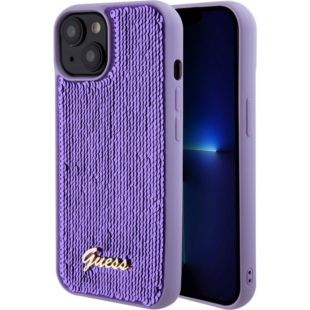 Guess Sequin Script Logo kryt iPhone 15 fialový
