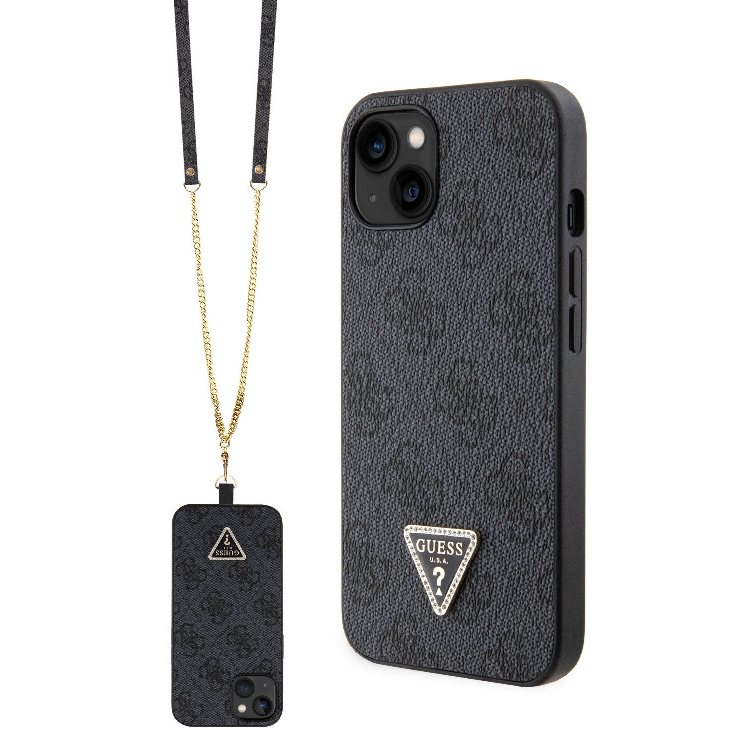 Ochranný kryt s crossbody popruhem pro iPhone 15 - Guess, 4G Strass Triangle Metal Logo Black GUHCP15SP4TDSCPK