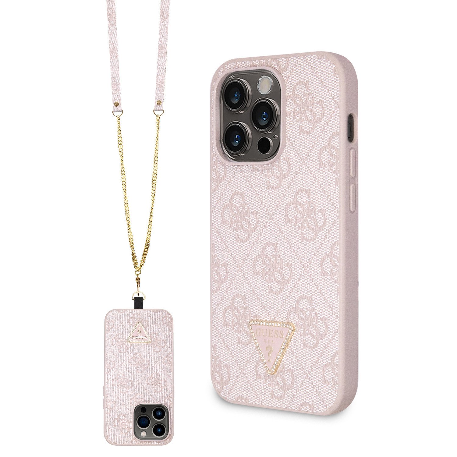 Ochranný kryt s crossbody popruhem pro iPhone 15 Pro MAX - Guess, 4G Strass Triangle Metal Logo Pink GUHCP15XP4TDSCPP