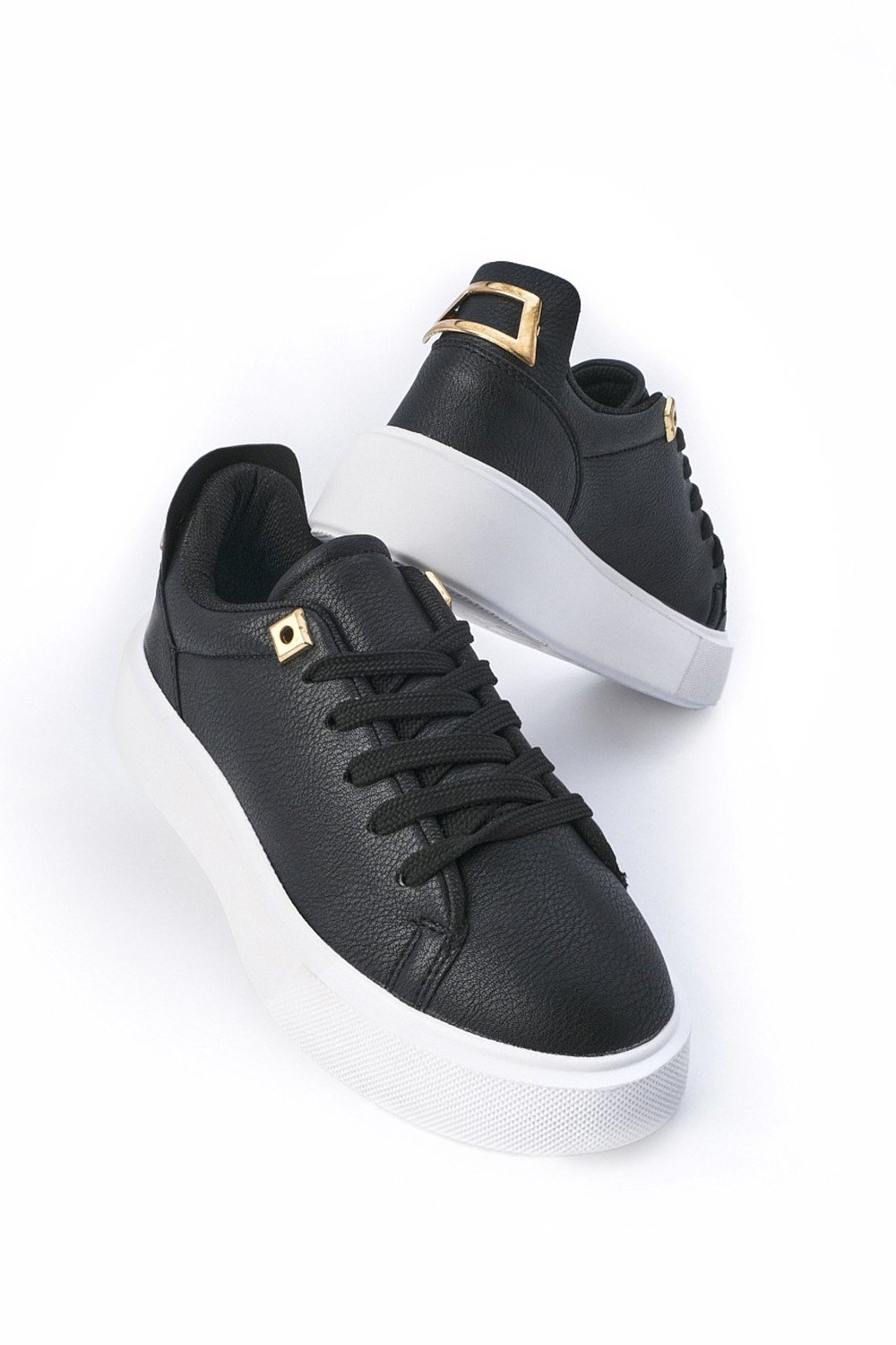 Marjin Women's Sneakers Thick Sole Gold Buckle Detail Lace-Up Sneakers Rofke Black.