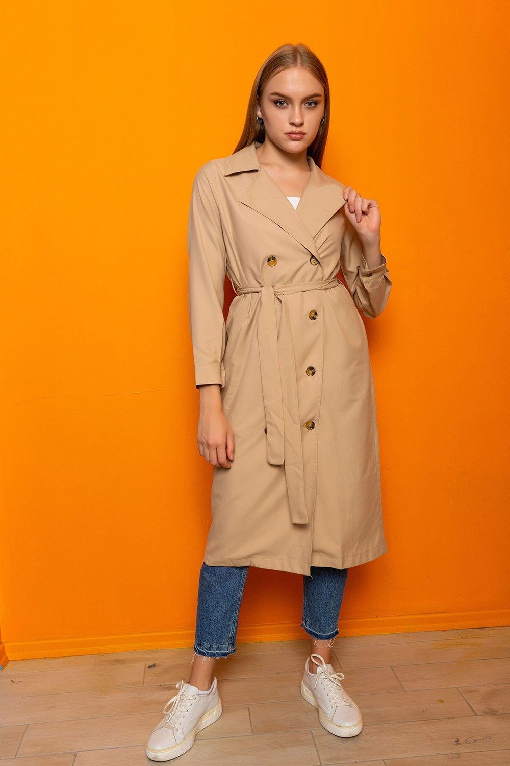 HAKKE Double Breasted Collar Trench Coat