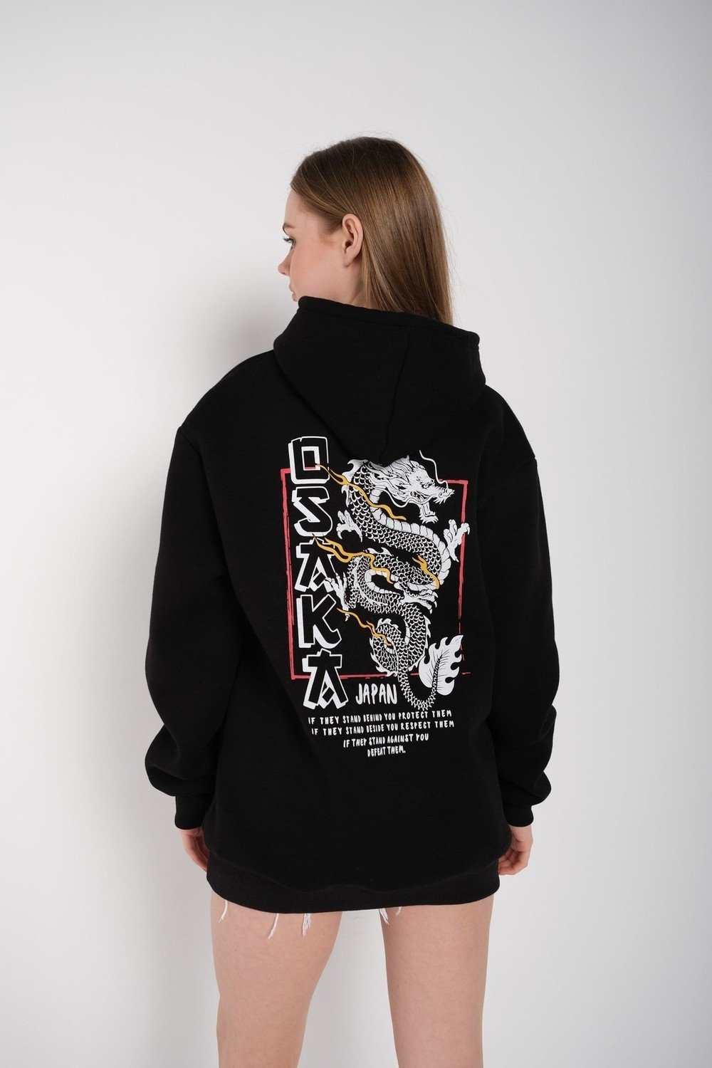 K&H TWENTY-ONE Unisex Hoodie Black Oversized Sweatshirt Printed Osaka