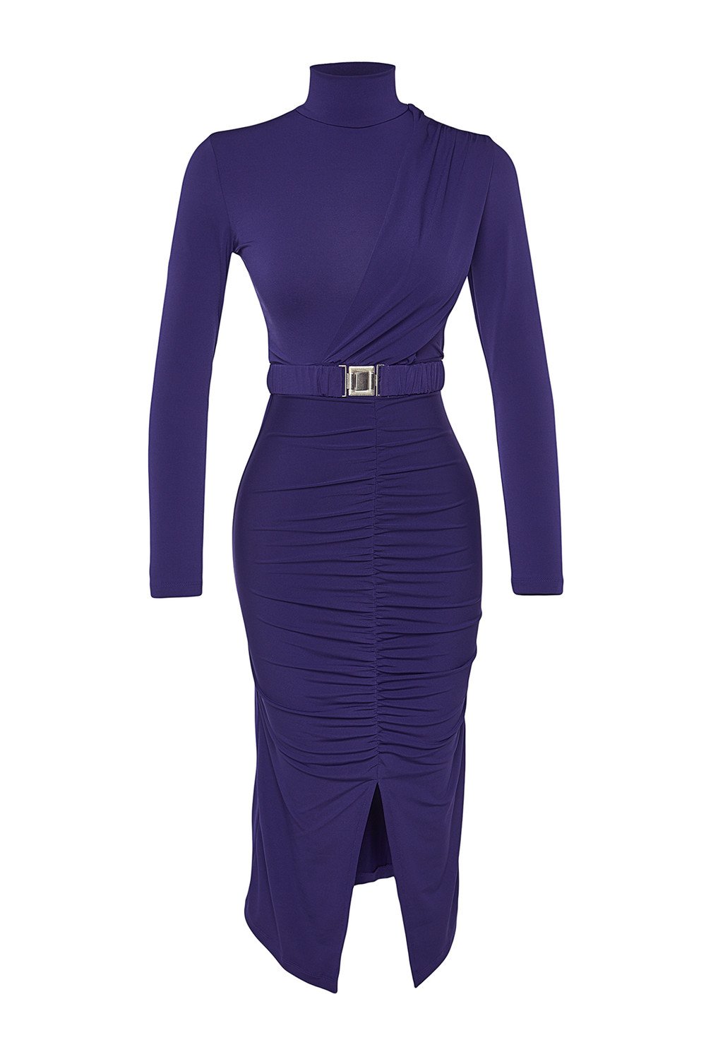 Trendyol Dark Purple Fitted/Situated Collar, Draped and Belt Knitted Knit Dress