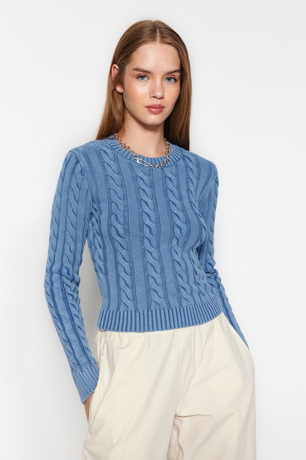 Trendyol Blue Wash-Effect Hair-Plated Knitwear Sweater