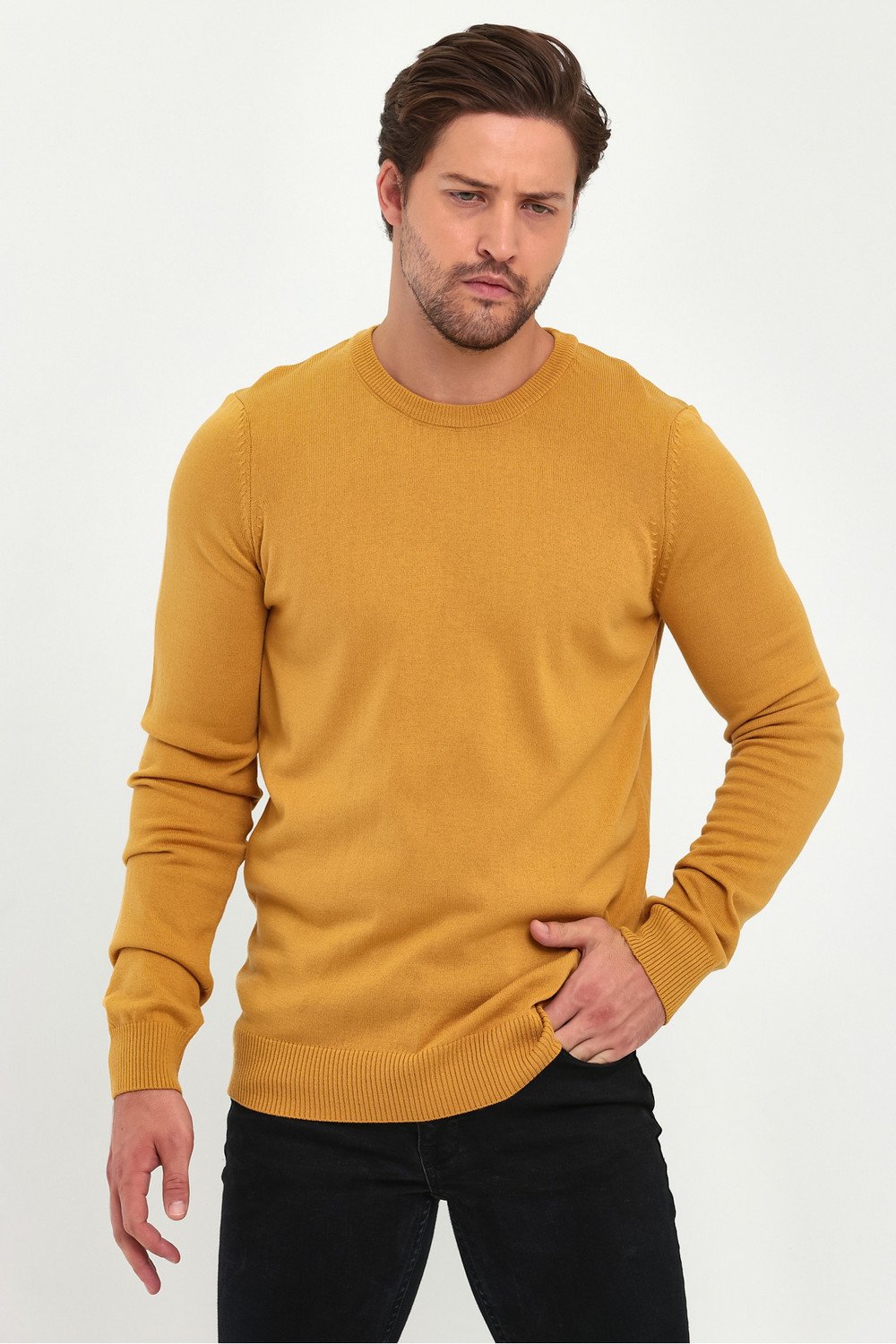 Lafaba Men's Mustard Crew Neck Basic Knitwear Sweater