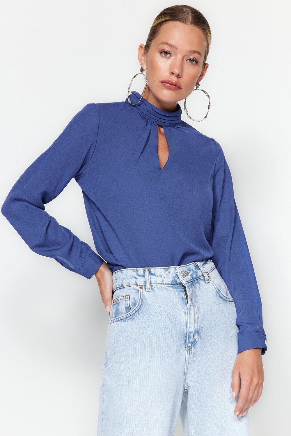 Trendyol Navy Blue Woven Stand Up Blouse