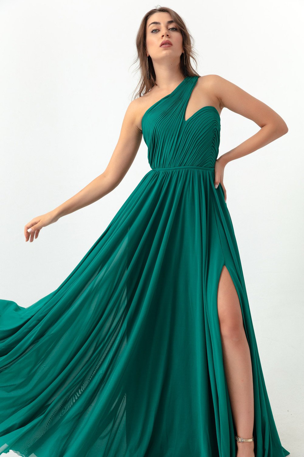 Lafaba Women's Emerald Green One-Shoulder Slit Long Evening Dress