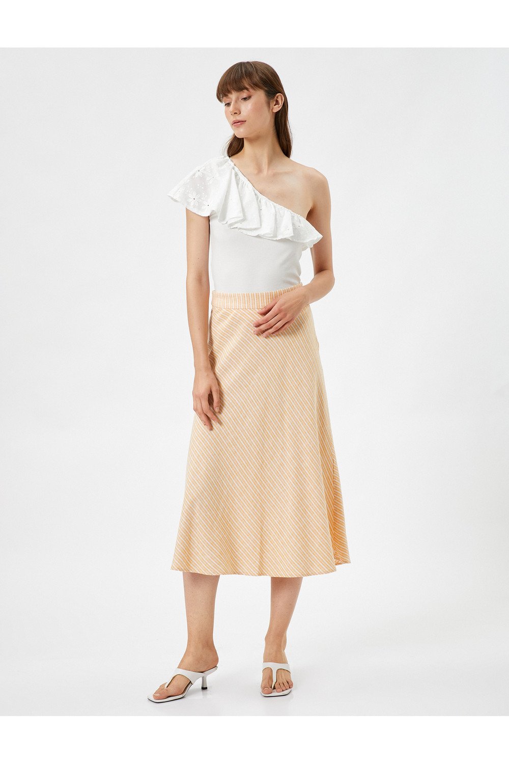 Koton A-Line Midi Skirt, Normal Waist Zippered, Linen Blend.