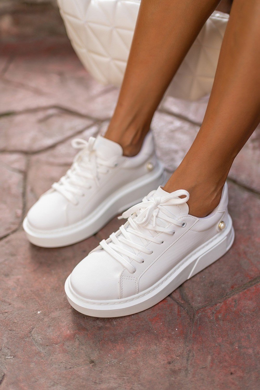 Madamra White Women's Round Toe Pearl Detailed Lace-Up Front Sneaker.