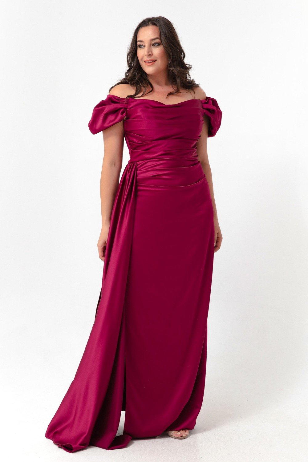 Lafaba Women's Plum Boat Collar Train Evening Dress In Long Satin & Prom.