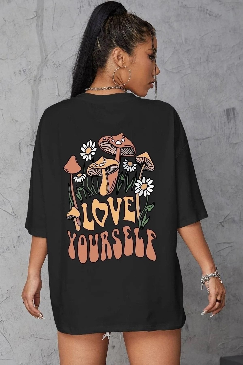 K&H TWENTY-ONE Women's Black Love Yourself Oversized T-shirt with Print