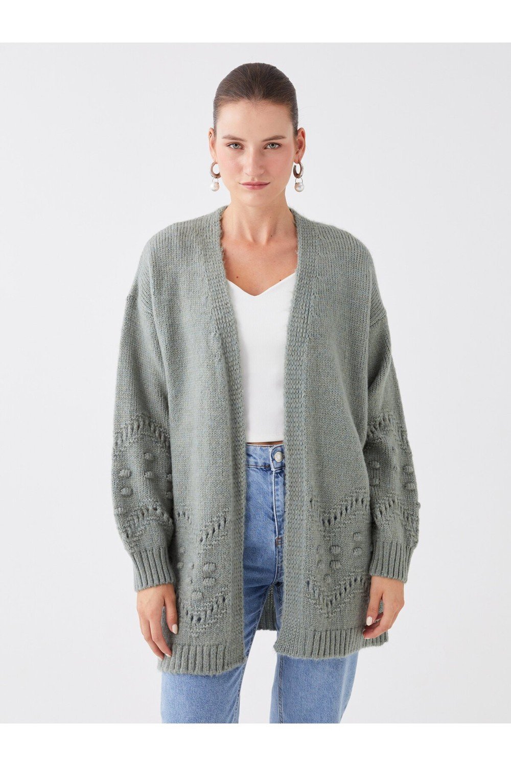 LC Waikiki Women's Knitwear Cardigan with Shawl Collar Openwork Long Sleeves