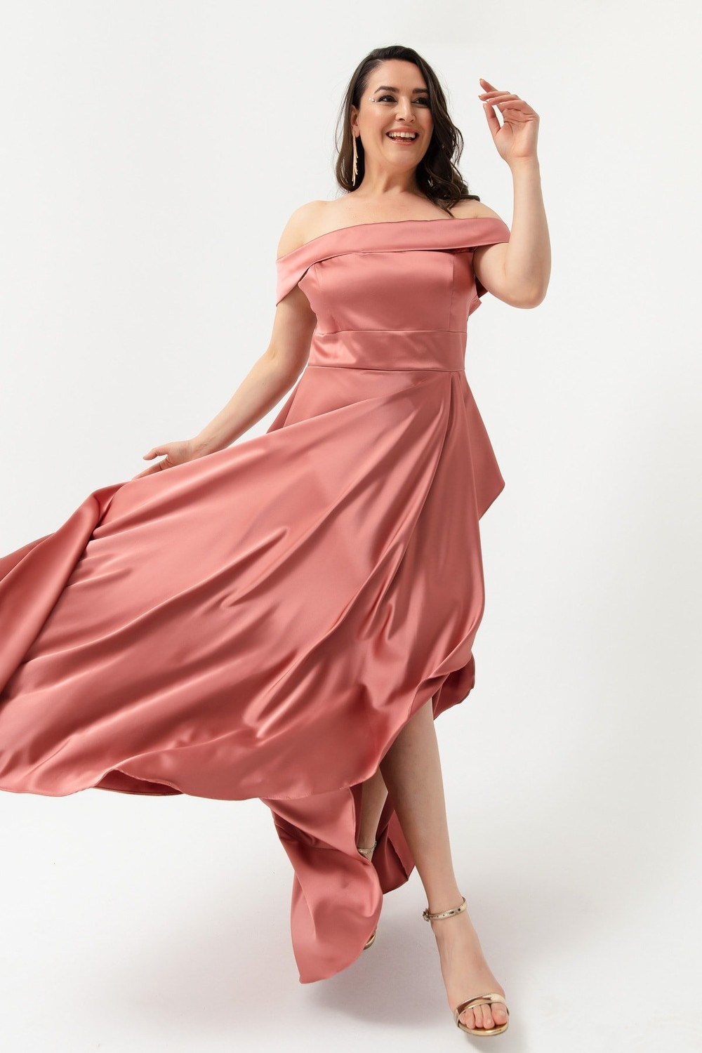 Lafaba Women's Salmon Boat Collar Plus Size Satin Evening Dress & Prom Dress
