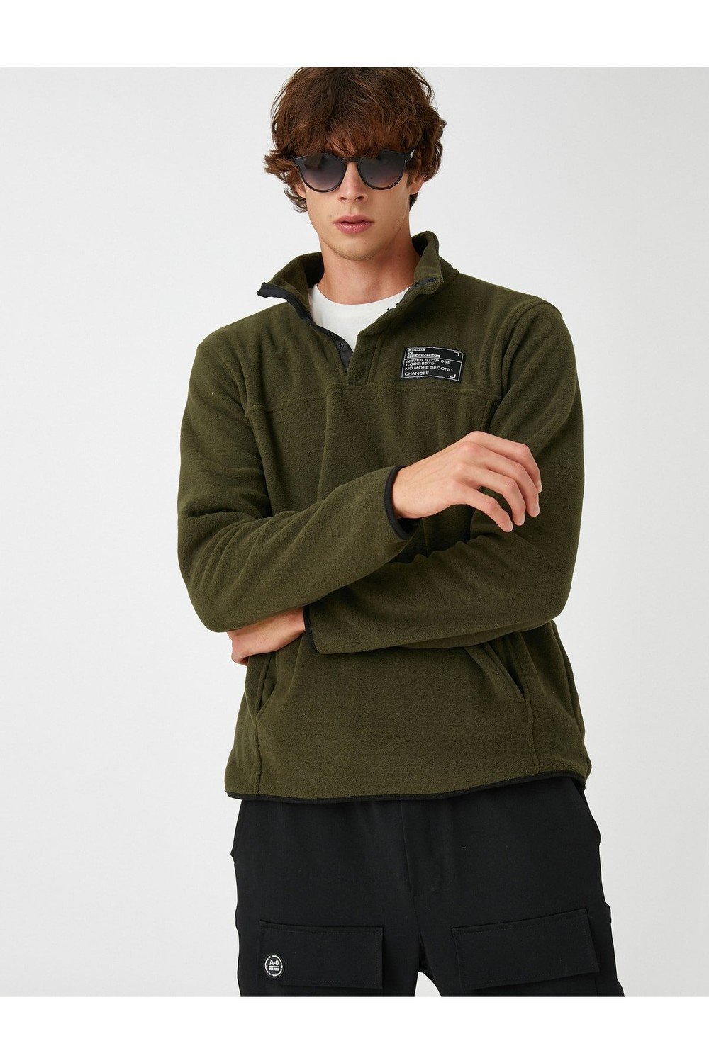 Koton Fleece Sweatshirt Polo Neck Print Detailed