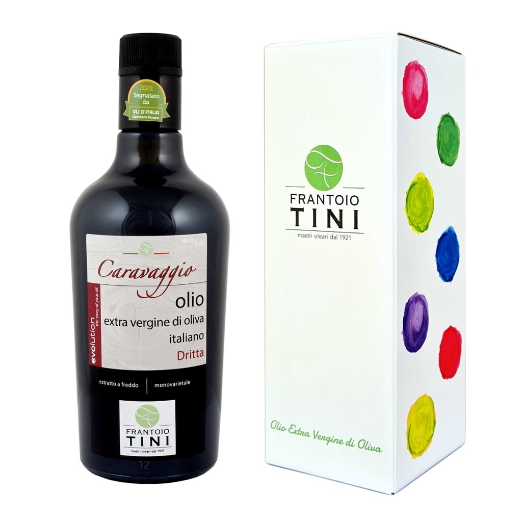 Italský prémiový extra panenský olivový olej Frantoio Tini CARAVAGGIO 500 ml v dárkové krabici