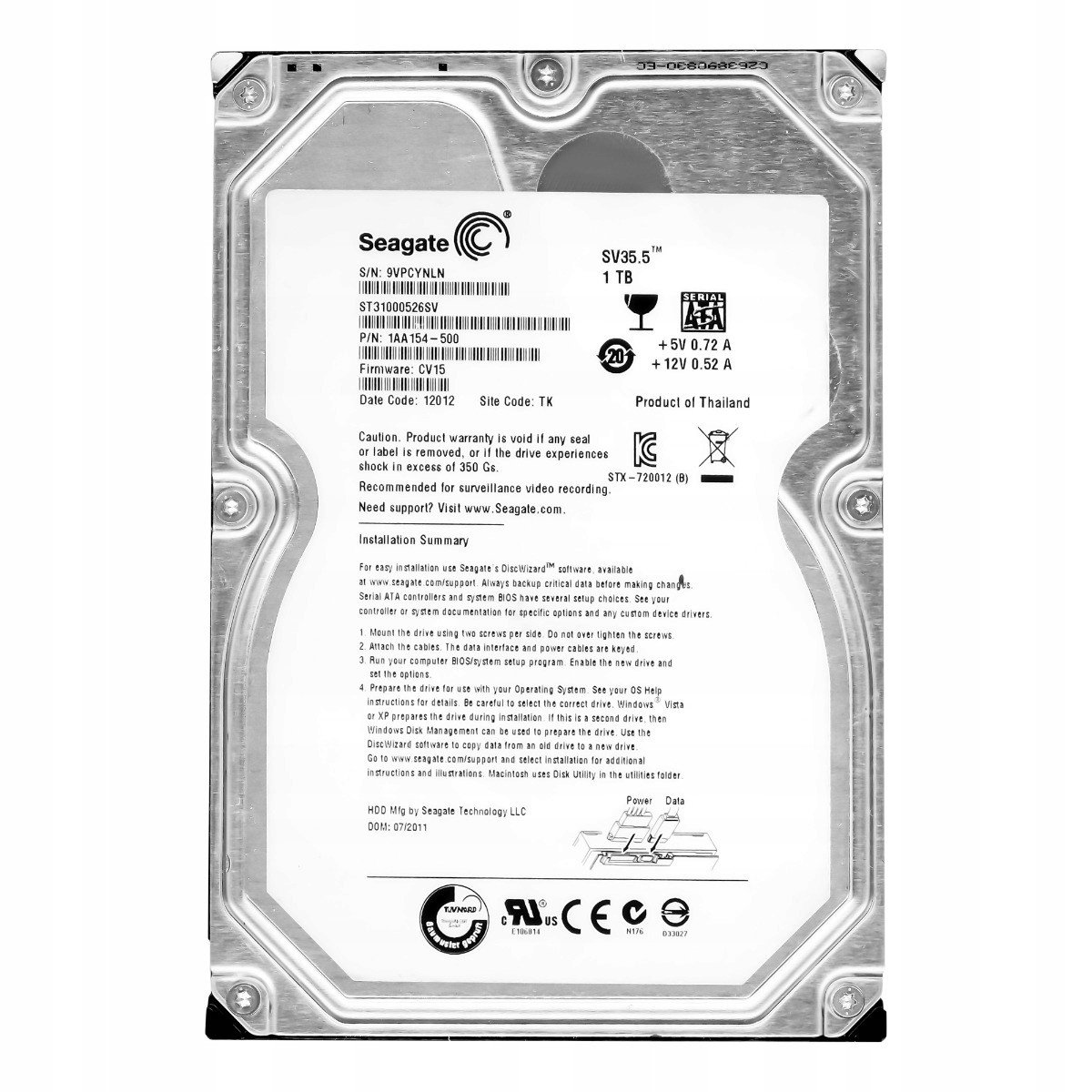 Seagate SV35.5 1TB 7.2K Sata III 3.5' ST31000526SV