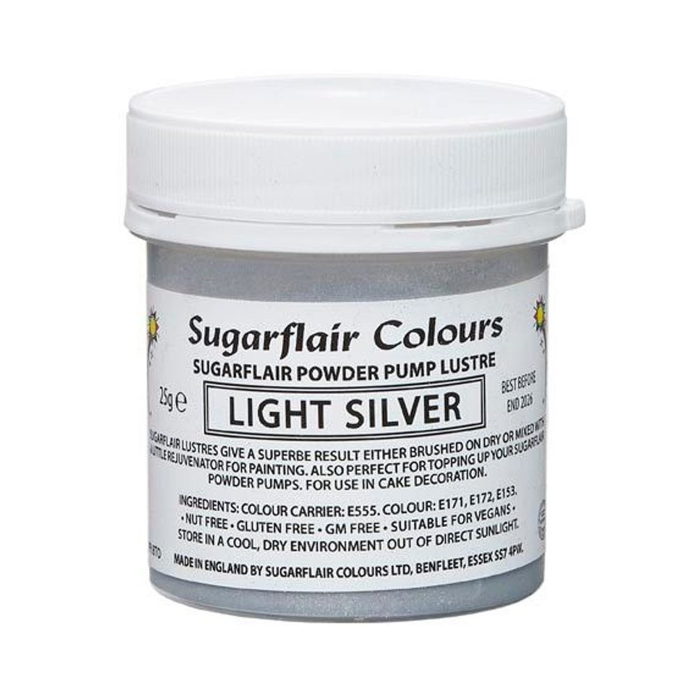 Stříbrná prachová barva / náplň do pumpičky Sugarflair - Světle stříbrná - 25g - Sugarflair Colours