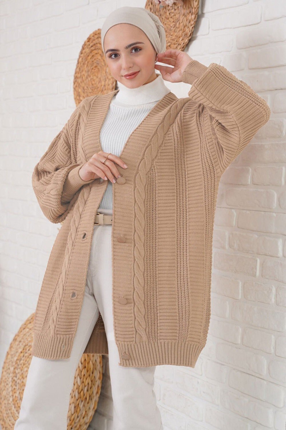 Bigdart 15768 Camel Knitted Pattern Knitwear Cardigan with Buttons