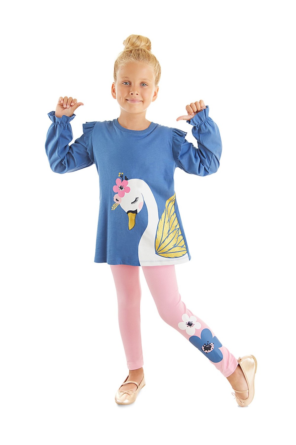 Denokids Swan Girl's Navy Blue T-shirt Pink Tights Set
