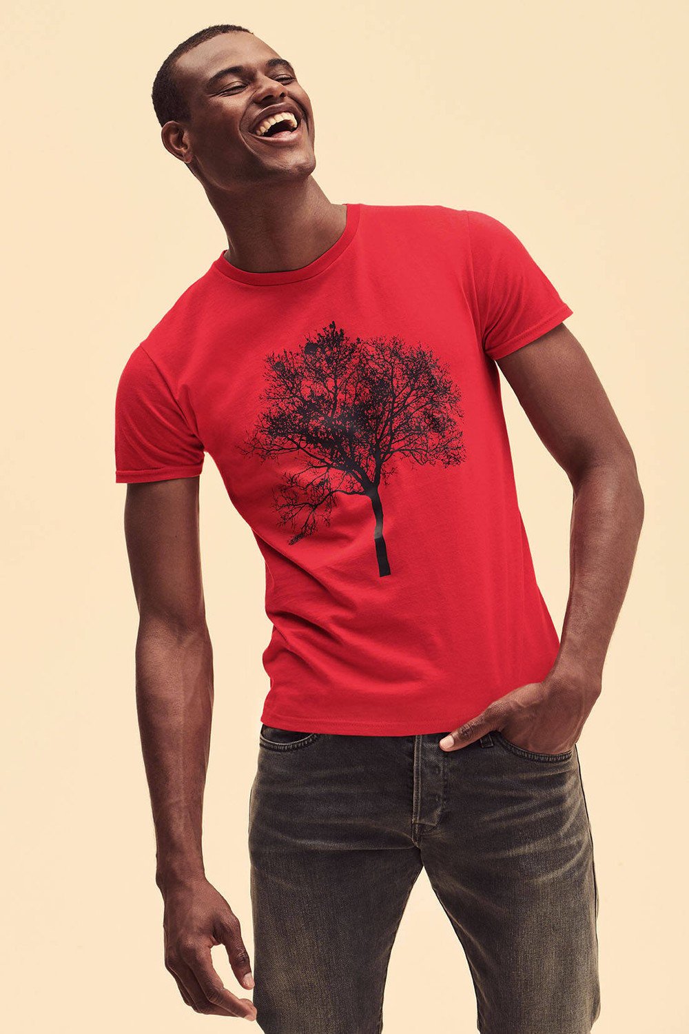 Red men's t-shirt in combed cotton Iconic with Fruit of the Loom sleeve